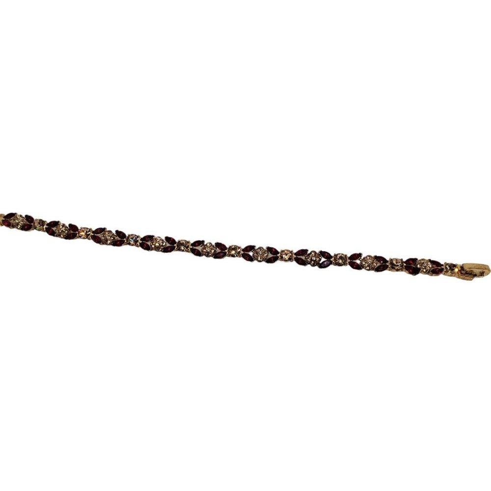 Vintage MONET Bracelet 7 1/2" Red Clear Crystals Gold Tone Metal Link Signed - Picture 4 of 11
